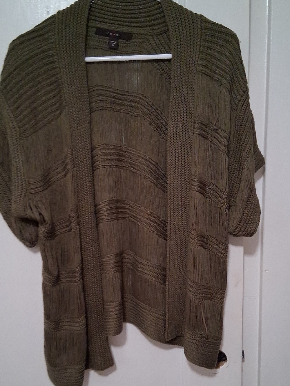 Olive Green Open-Front Knit Cardigan Sweater Some Snags Shown In Photo